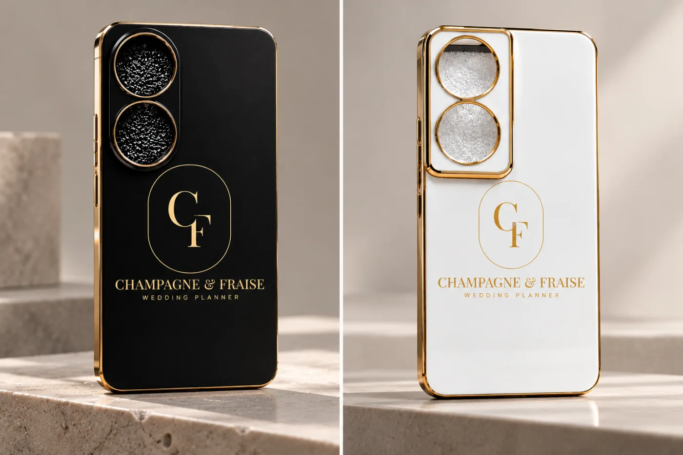 Champagne & Fraise — Coques de téléphone marquées pour une wedding planner suisse